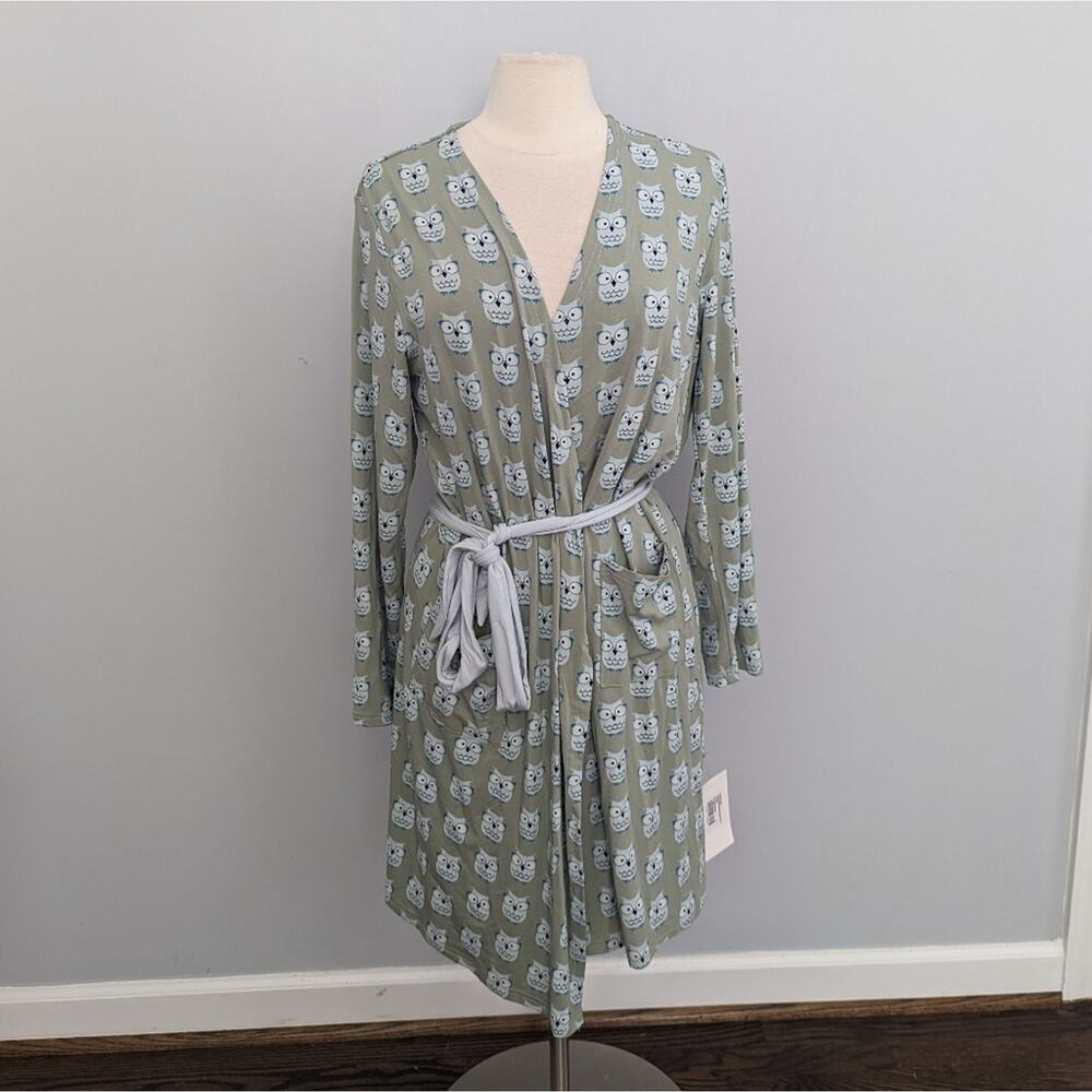 NEW Kickee Womens Maternity Nursing Robe Medium Wrap Soft Green Owl